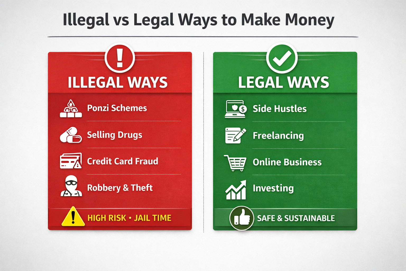 This chart shows illegal and legal ways to make money.
