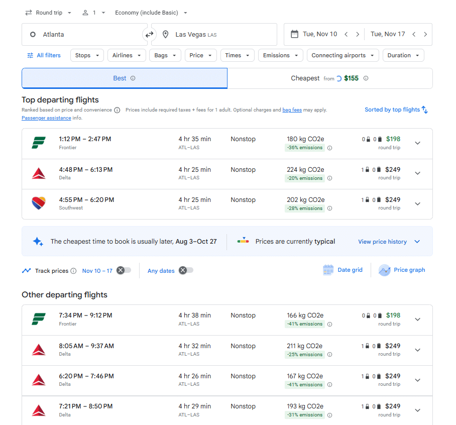 Here are some Google flights search results